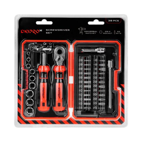 Screwdriver set Dnipro-M with ratchet and bits S2, 1/4" 38 pcs