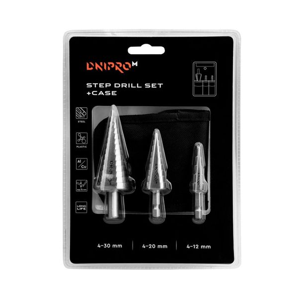 Step drill bit set Dnipro-M 3 pcs (4-12 mm; 4-20 mm; 4-30 mm)