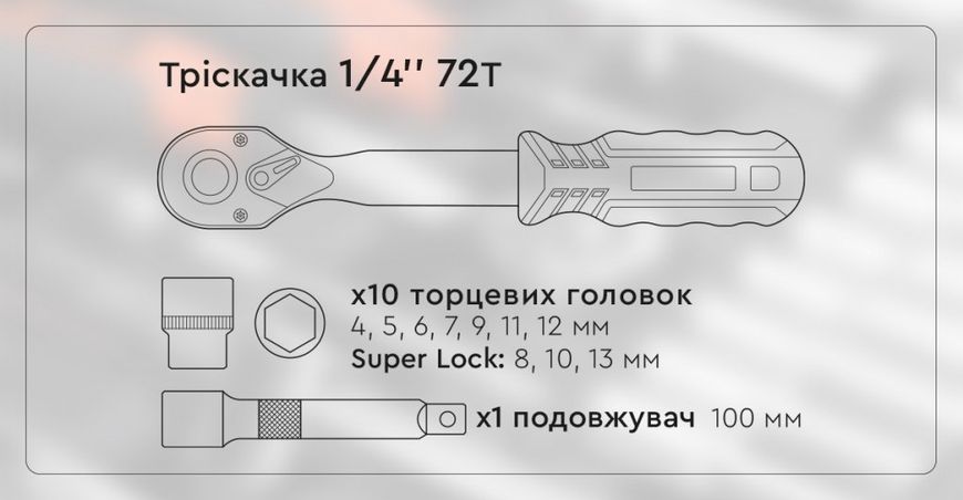 Ratchet socket set (12 pcs) 1/4" Ultra Dnipro-M